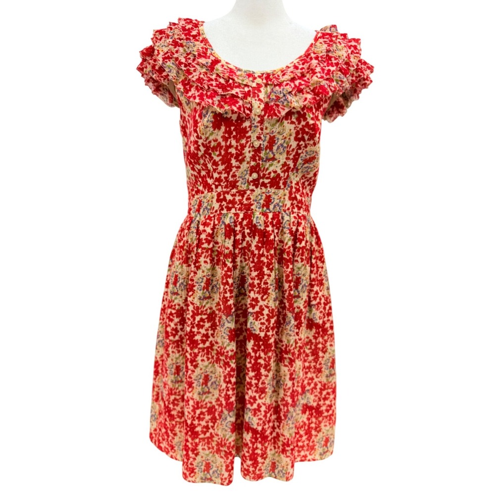 Kay Unger Cottage Floral Print Midi Dress 6 Ruffled Cap‎ Sleeve Round Neck